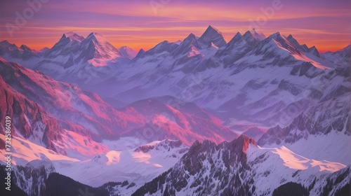 Pink-Tinged Summit Sunset: Snowy Mountains in Warm Hues