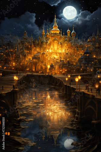Oriental city with mosques and ancient city wall in a dreamy fantasy style © Nevio