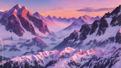 Pink-Tinged Summit Sunset: Snowy Mountains in Warm Hues