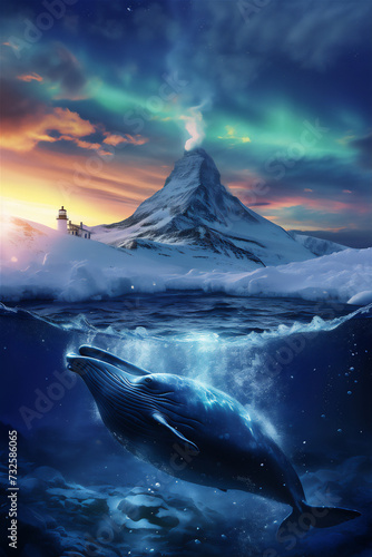 whale in the northern sea with snow mountain and iceberg