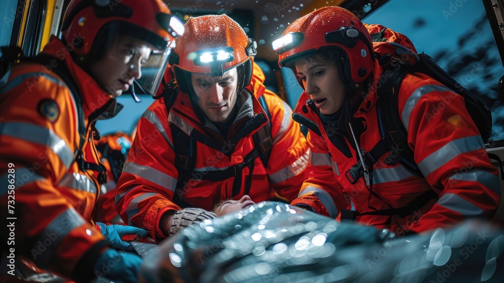 Ambulance working crew preparing casualty Ambulance working crew preparing casualty