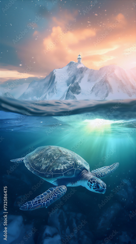 turtle in the northern sea with iceberg 