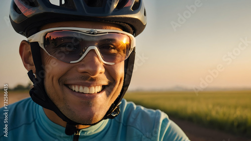 Portrait of a smiling man wearing a helmet in a bike outdoor setting Exposure with sunset color with copy space 