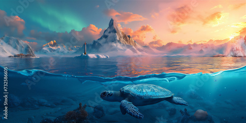 turtle in the northern sea with iceberg 