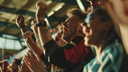 Fans in various team colors cheering passionately during a soccer match in a stadium.