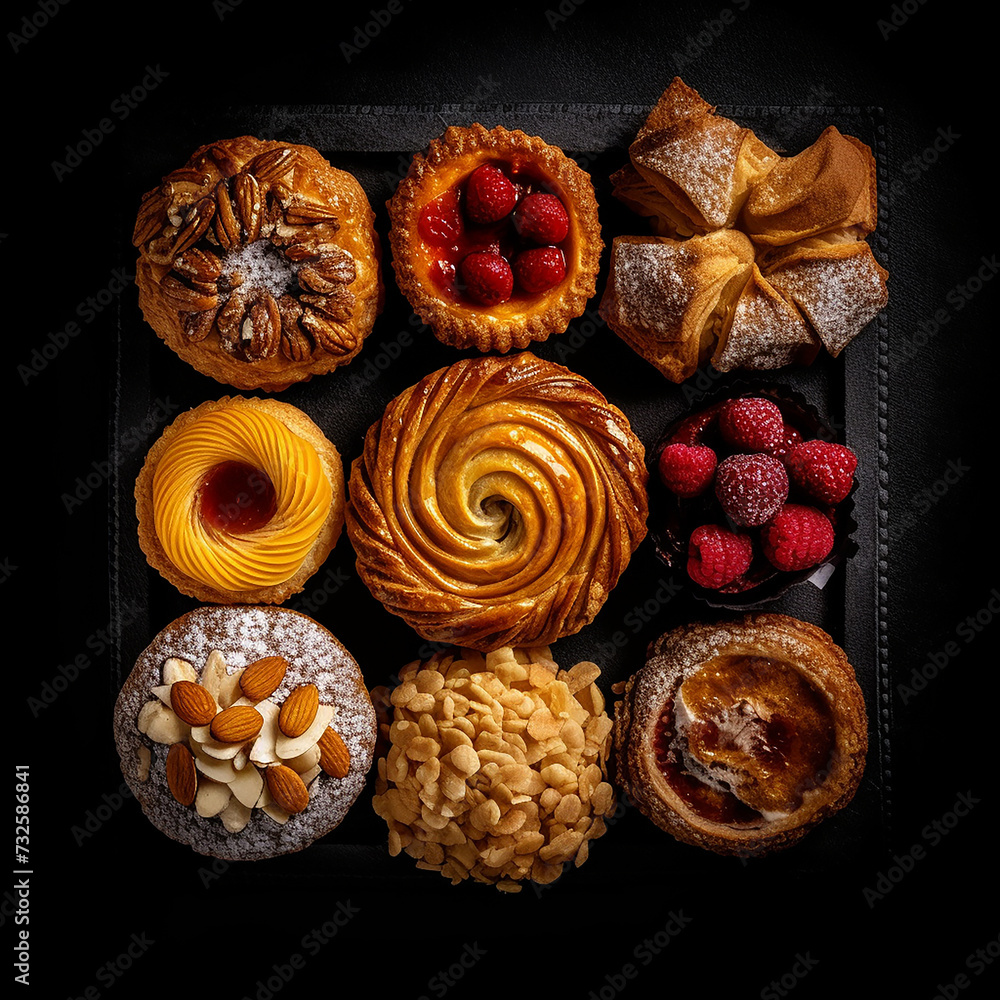 Assorted pastries on a dark background, includes nuts and fruits