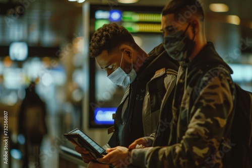 Two young men wearing protective face masks are engrossed in their smartphones at a busy transport station, highlighting modern travel norms.