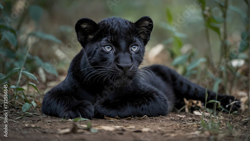 A close-up of a panther cub lying on the ground, front legs crossed, and intently observing the camera. 