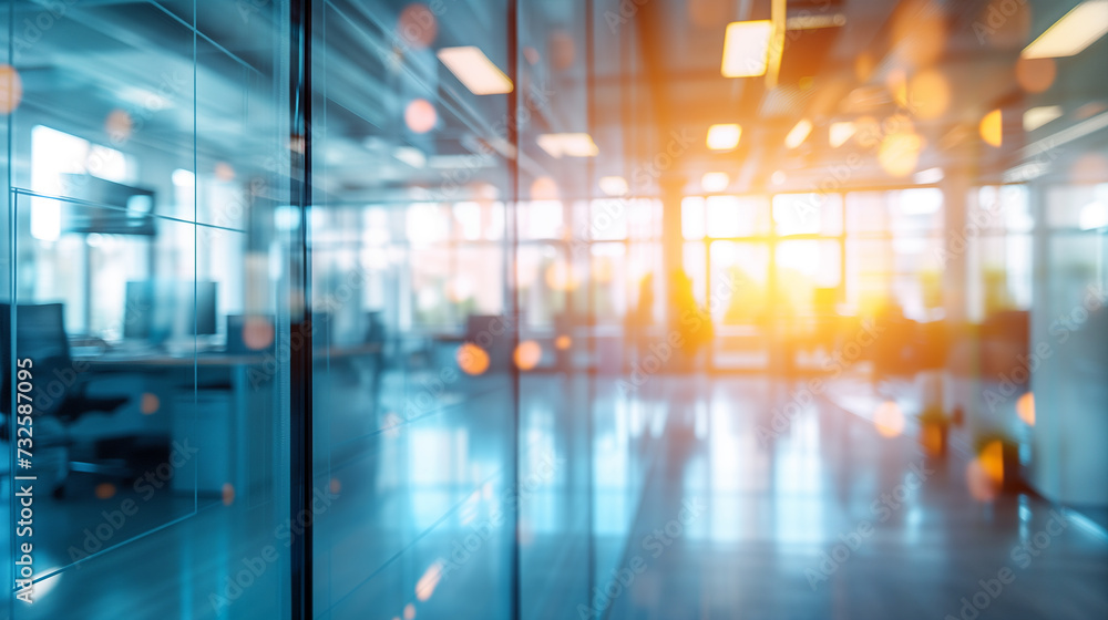 Modern business office setting environment blurred background with sunlight reflection on window glass for design