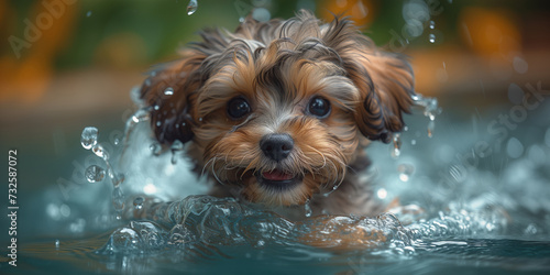 A funny Maltipoo puppy is having fun splashing in the water in the pool in the summer