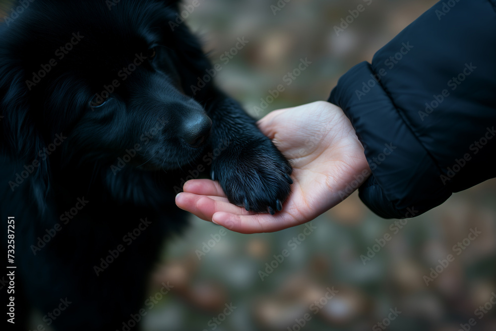 Dog friendship, leg in hand human and animal care and love concept