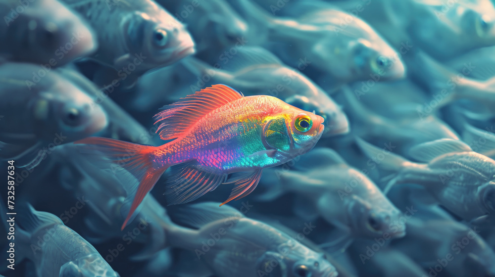Fototapeta premium Rainbow colored fish in a swarm of grey fishes.