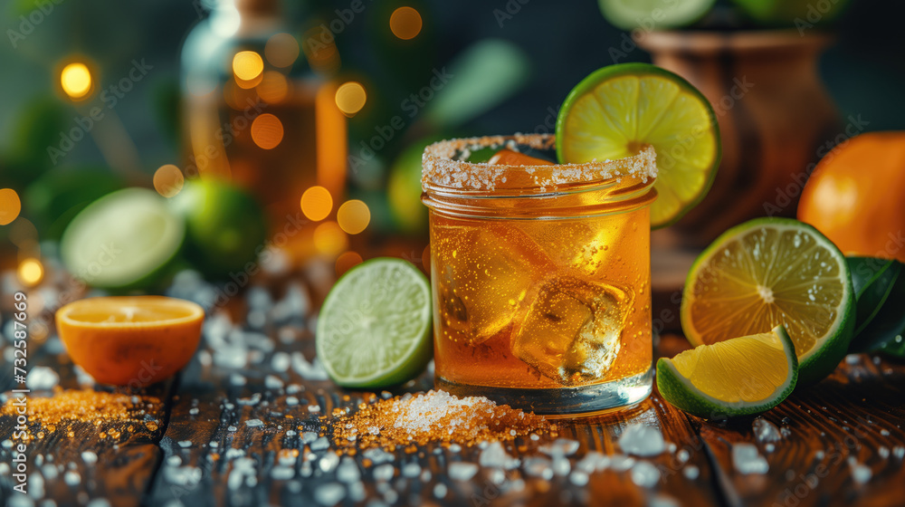Gold tequila with sea salt and lime slices Gold tequila with sea salt and lime slices