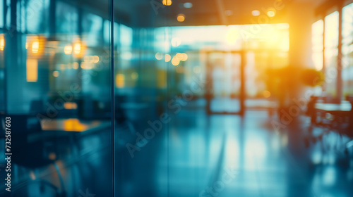 Modern business office setting environment blurred background with sunlight reflection on window glass for design