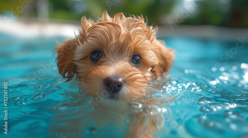 Funny brown maltipoo puppy dog swims in a summer pool
