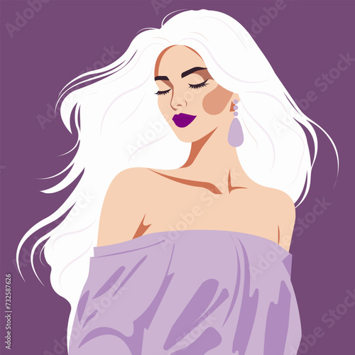 Vector flat fashion illustration of a beautiful blonde woman with long hair, wearing a dress with bare shoulders.
