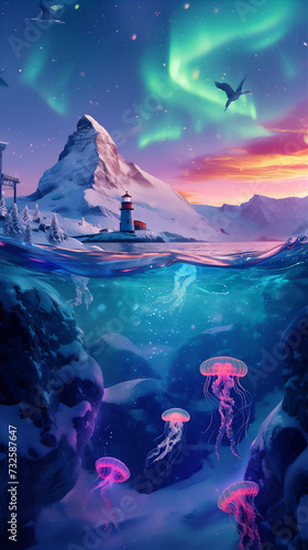 jellyfish in the northern sea, aurora borealis and light house