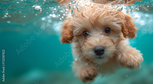 Underwater funny photo of brown maltipoo poodle puppy in the pool playing with fun - jumping, diving deep down
