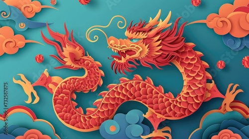 Whimsical paper cut illustration of chinese zodiac dragon with ocean waves and clouds for chinese new year