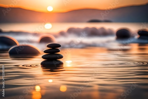 Zen stones into the water with sunrise on the background
