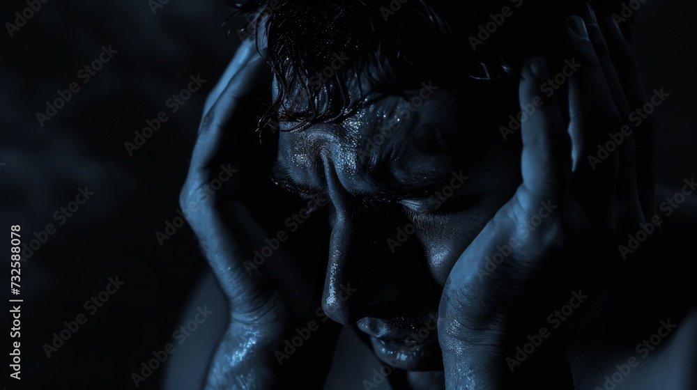A sleepless man suffers from insomnia, sleep apnea, or stress. Tired and exhausted guy. Headache or migraine. Awake in the night. A frustrated person with problem Tired and exhausted guy. A sleepless man suffers from insomnia, sleep apnea, or stress. Tired and exhausted guy. Headache or migraine. Awake in the night. A frustrated person with problem Tired and exhausted guy.