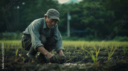 Portrait of an elderly farmer tending to his paddy in a rice field against a blurred green forest background. Created with Generative AI.