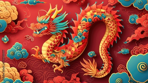 Intricate layered paper cutting of chinese zodiac dragon with ocean waves and clouds for chinese new year