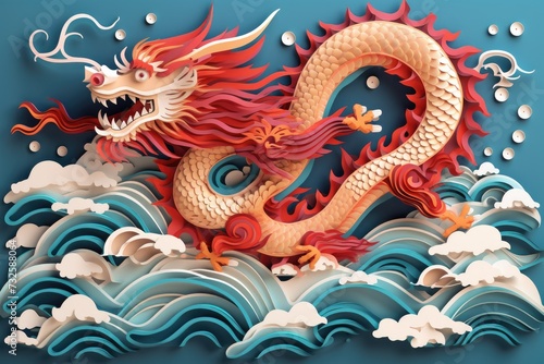 Captivating layered paper cutout of chinese zodiac dragon with ocean waves and clouds for chinese new year © artestdrawing