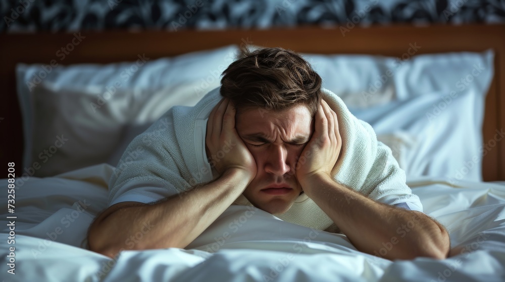A sleepless man suffers from insomnia, sleep apnea, or stress. Tired and exhausted guy. Headache or migraine. Awake in the night. A frustrated person with problem Tired and exhausted guy. A sleepless man suffers from insomnia, sleep apnea, or stress. Tired and exhausted guy. Headache or migraine. Awake in the night. A frustrated person with problem Tired and exhausted guy.