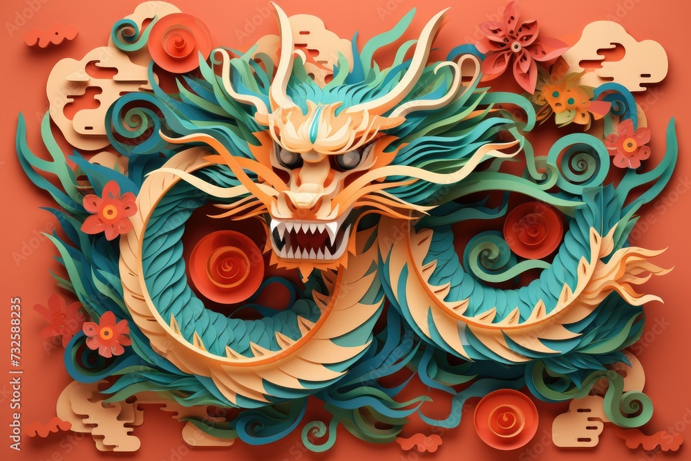 Elegant layered paper cutout of chinese zodiac dragon with ocean waves and clouds for chinese new year Elegant layered paper cutout of chinese zodiac dragon with ocean waves and clouds for chinese new year