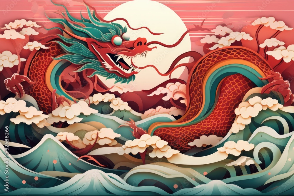 Charming paper cut craft featuring chinese zodiac dragon with ocean waves and clouds for chinese new year