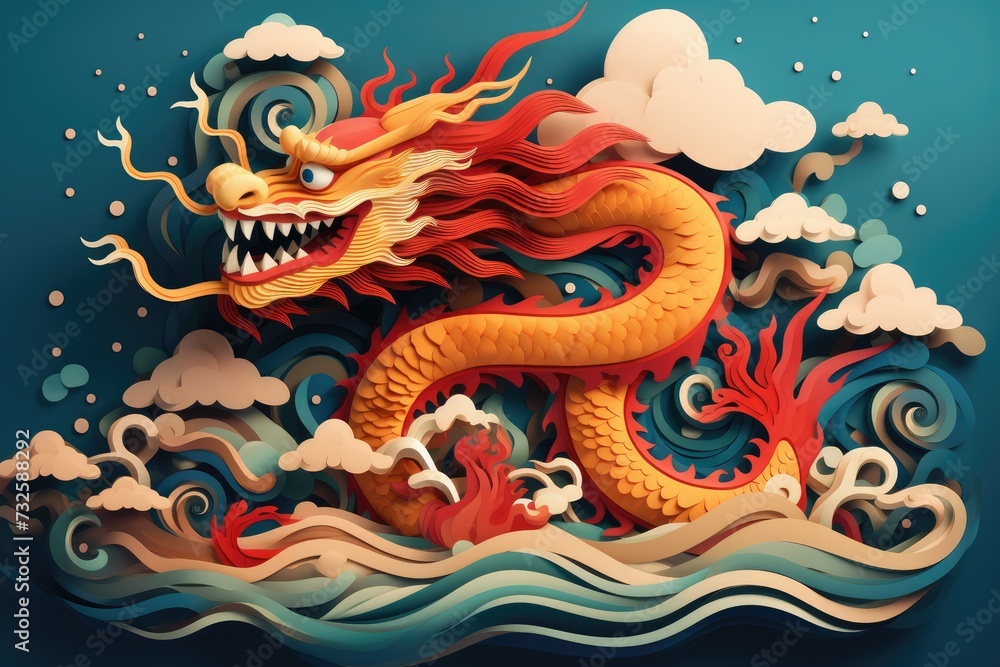 Layered chinese zodiac dragon paper cut craft with ocean waves and clouds for chinese new year event