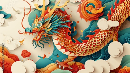 Creative layered paper cutting of chinese zodiac dragon with ocean waves and clouds for chinese new year