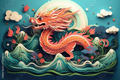 Intricate layered paper cut design of chinese zodiac dragon with ocean waves and clouds for chinese new year