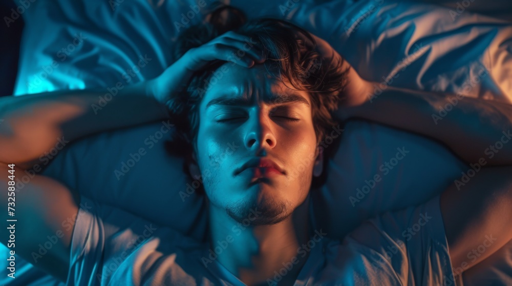 A sleepless man suffers from insomnia, sleep apnea, or stress. Tired and exhausted guy. Headache or migraine. Awake in the night. A frustrated person with problem Tired and exhausted guy. A sleepless man suffers from insomnia, sleep apnea, or stress. Tired and exhausted guy. Headache or migraine. Awake in the night. A frustrated person with problem Tired and exhausted guy.