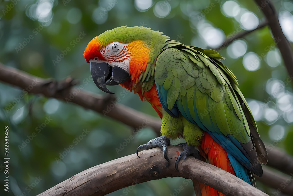 A close-up of a parrot perched on a tree branch with its front claws holding onto the surface, looking at the camera.