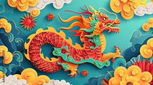 Creative paper cut craft depicting chinese zodiac dragon with ocean waves and clouds for chinese new year © artestdrawing