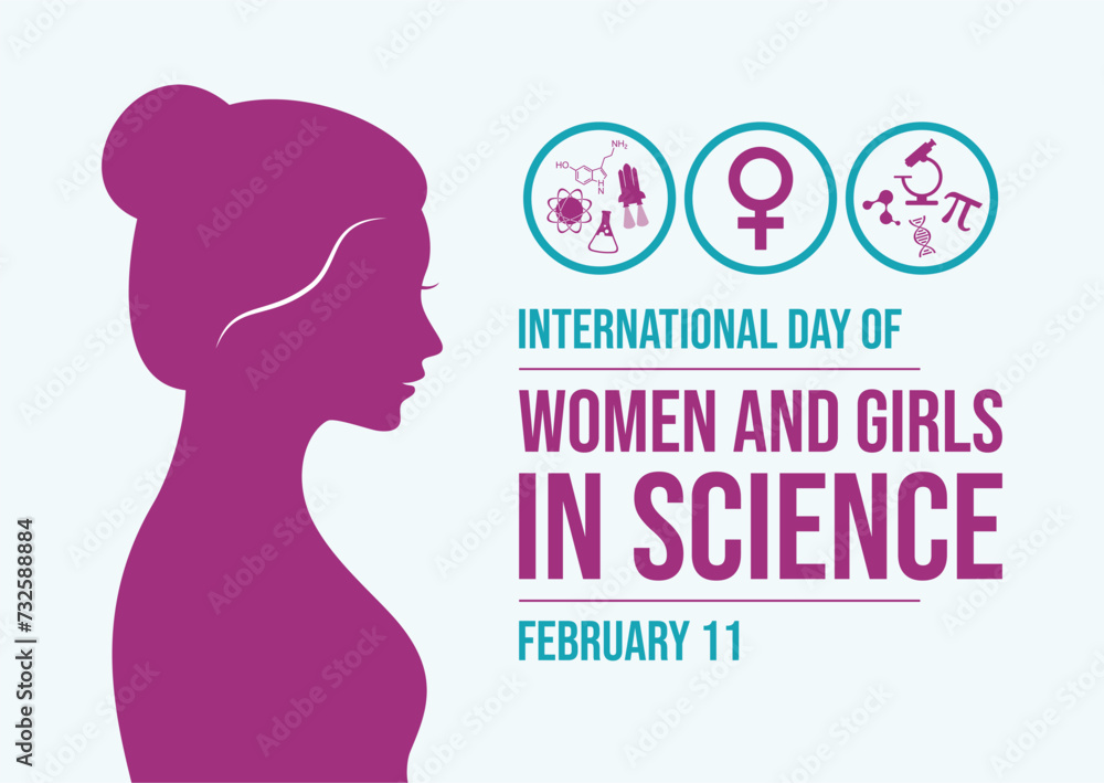 International Day of Women and Girls in Science poster vector illustration. Female scientist icon set. Woman face in profile purple silhouette. Template for background, banner, card. February 11