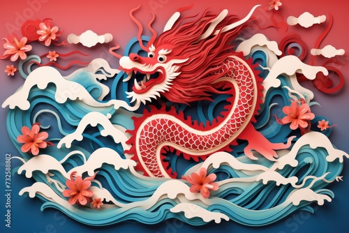 Chinese dragon papercut with wave and cloud decoration for new year