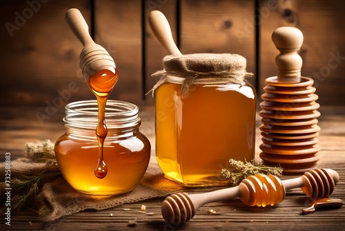 Jar of honey and wooden drizzler on a wooden background