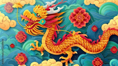 Chinese zodiac dragon papercut with sea waves and cloud patterns