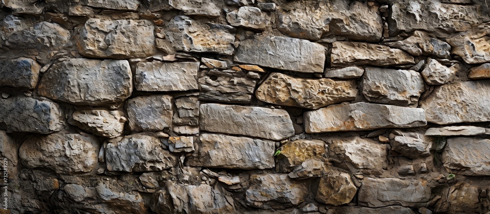 Fototapeta premium A detailed view of a stone wall built with various rocks, resembling a sturdy brickwork.