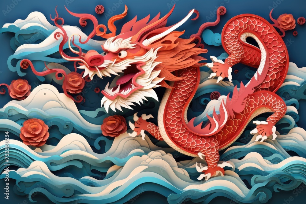 Chinese dragon papercut with cloud and wave design, paper cut art of chinese dragon wallpaper