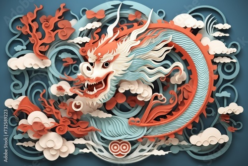 Wave and cloud paper cut ornaments with chinese dragon  chinese dragon paper cut wallpaper