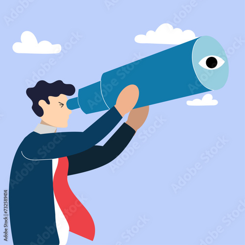 Business person looking through telescope to the future for business growth or forecasting concept , Sales person looking for sales leads concept, Business Person looking to future of career