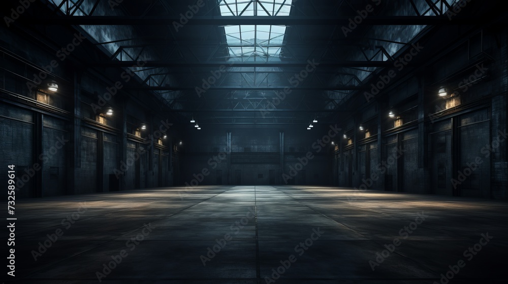 Three-dimensional render of dark empty warehouse.