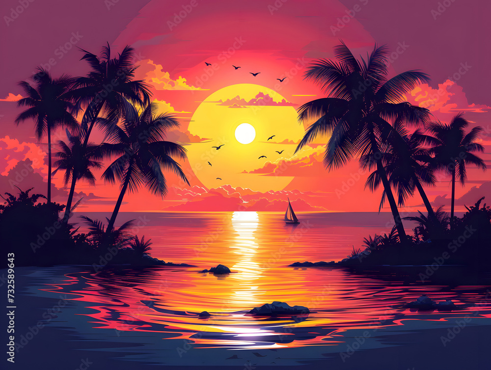tropical sunset with trees