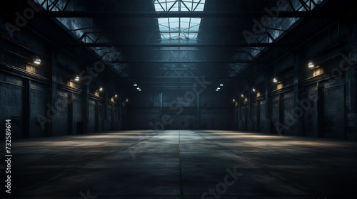 Three-dimensional render of dark empty warehouse.