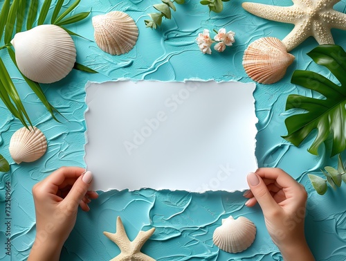 Papel en blanco, di lo que piensas, fondo azul turquesa, conchas marinas, sujetado por dos manos, con textura, recurso publicitario, texto, decir, pensamiento, escrito, positivo, aviso playa, alquilar photo