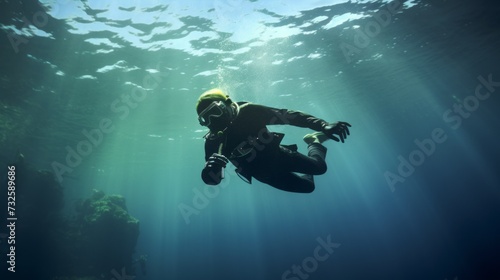 A male scuba diver exploring the ocean swims underwater in special protective clothing
